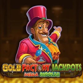 Gold Factory Jackpots Mega Moolah slot logo by Aurum Signature Studios at Wheel Of Fortune Casino
